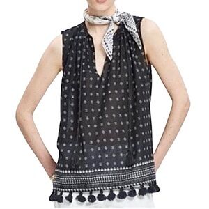 MADEWELL Tassel Hem Tie Front Top Bandana Print 199% Cotton Navy & White Size S